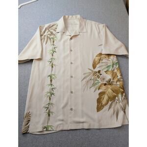 Tommy Bahama Mens MED Short Sleeve Camp Shirt Tan 100% Silk Embroidered Bamboo